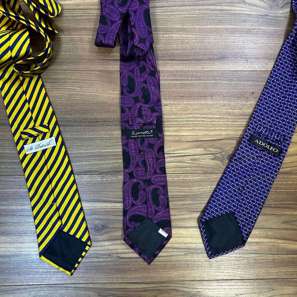 Mens Silk Tie Lot of 3 Zianetti Adolfo St Patrick Purple Yellow Paisley Striped - Picture 4 of 7